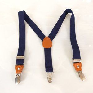 Boy Navy Blue Y Back Classic Suspenders Solid Clip Leather‎ Patch Adjustable